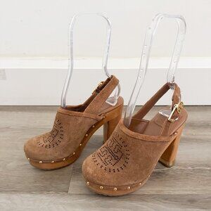 Tory Burch Brayden Almond Suede Logo Block Heel Platform Mules 6